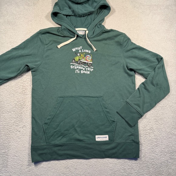 Life is Good Hoodie Mens Medium Green Jeep Graphic What a Long Strange Trip - Picture 1 of 7
